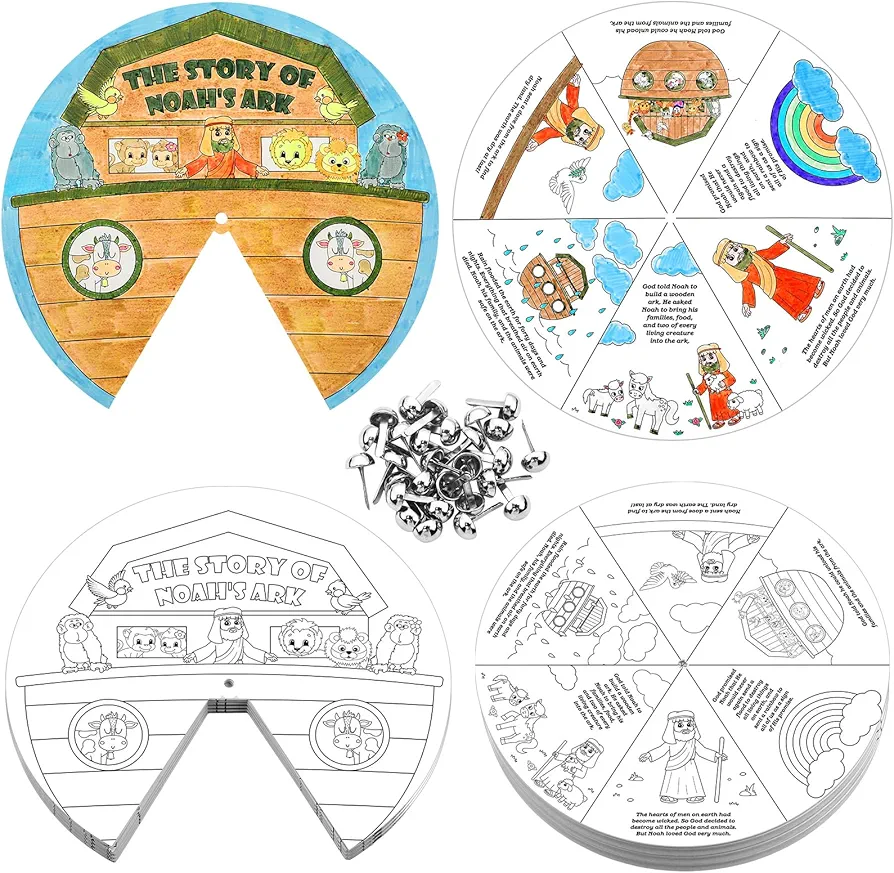 Spiareal 30 Set The Story of Noah's Ark Coloring Wheel Religious Crafts for Kids DIY Sunday School Crafts with Silver Fasteners Color Your Own Art Wheel Kit for Christian Bible Celebrate Activity