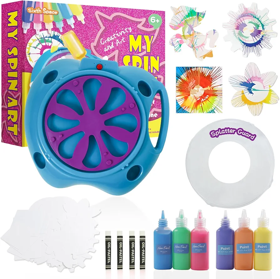 Sixth Space Spin Art Machine for Kids Ages 6-8,Adjustable Speed Arts&Crafts Paint Spinner Toy with Origami Artwork, Thicker Splatter Guard, Battery Operated Kids Crafts Kits, Gift Boys Girls