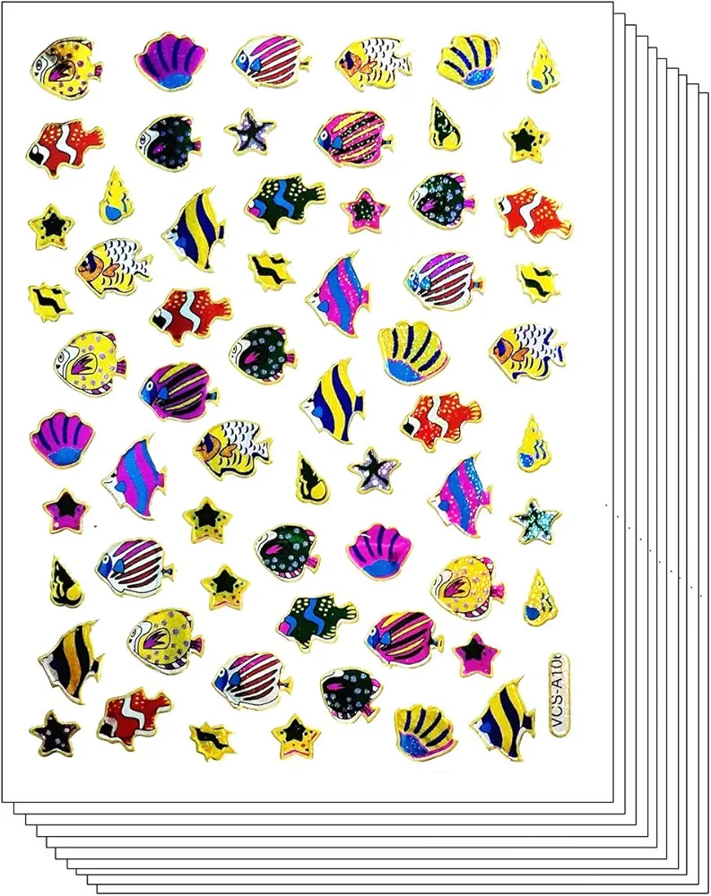 Stickers Glitter Pack 10 Sheets Tropical Fish Seashell Animal Cartoon Stickers Label for Kids and Teachers Label Art Decal Craft Scrapbook Book Album Diary Card Birthday School Supplies (11)