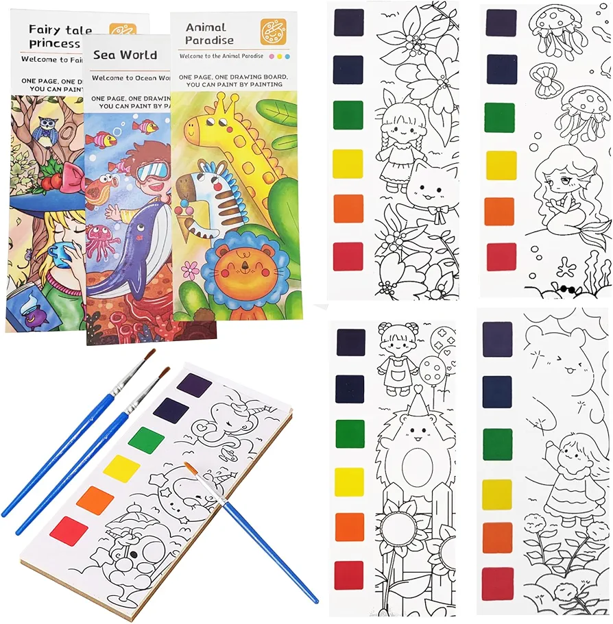 3 PCS Watercolor Painting Books for Kids Travel Pocket Watercolor Coloring Books for Toddlers Girls Boys Gifts Watercolor Paint Set Kids Arts and Crafts with Pigment and 2 Brushes