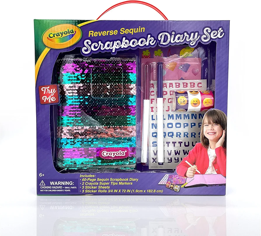 Diary Gift Set - 60 Page Reverse Sequin Scrapbook Diary, 2 Super Tips Markers, 3 Sticker Sheets, 3 Sticker Rolls