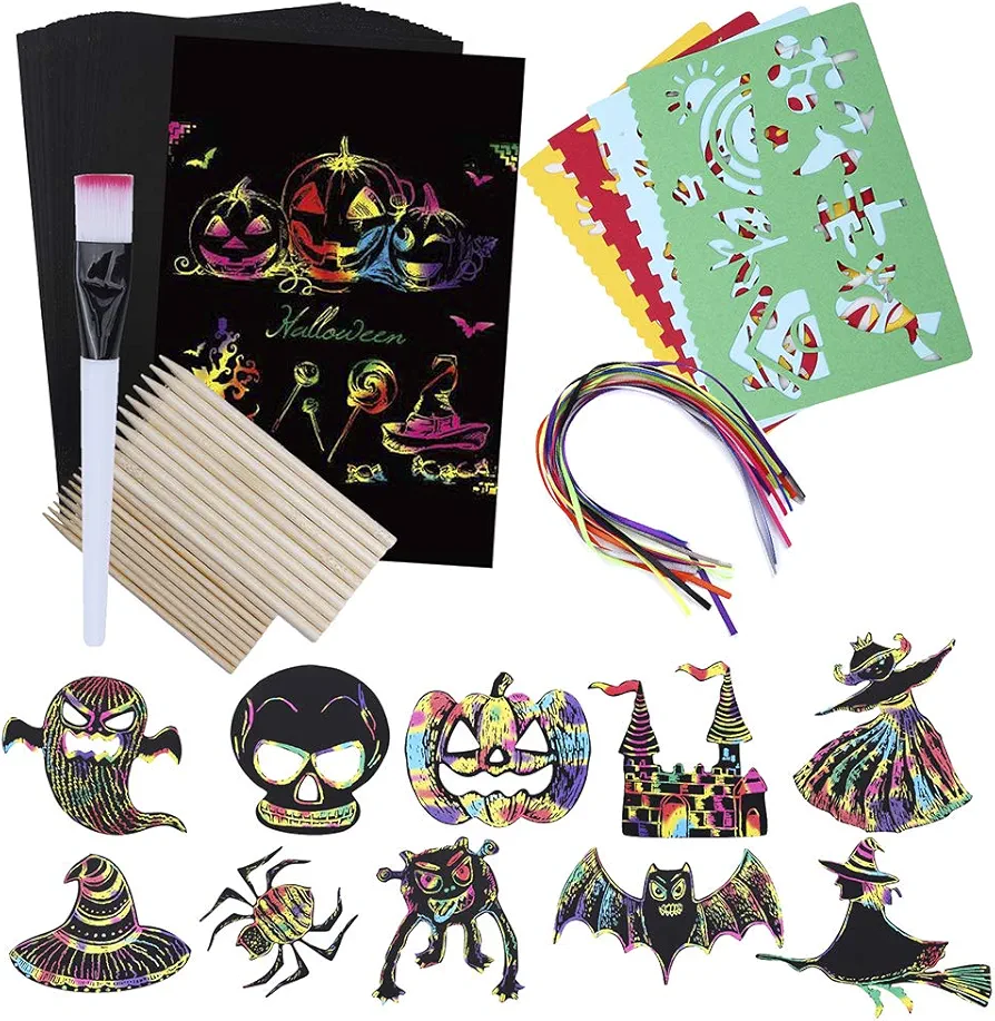 LUREME Scratch Paper Art Set 107 Pcs Rainbow Magic Scratch Off Arts and Crafts Supplies Kits Sheet Party Favor Christmas Easter Craft Birthday Gifts (ME000010-2) Halloween