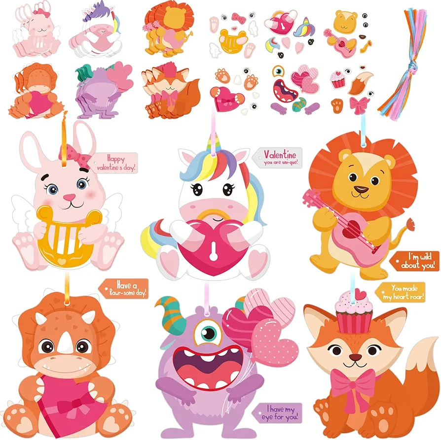Gersoniel 24 Sets of Valentines Day Craft Kits Valentines Ornament DIY Animals Crafts Valentine DIY Ornaments Stickers for Kids Valentine Class Game Activities and Valentines Day Decorations,6 Styles