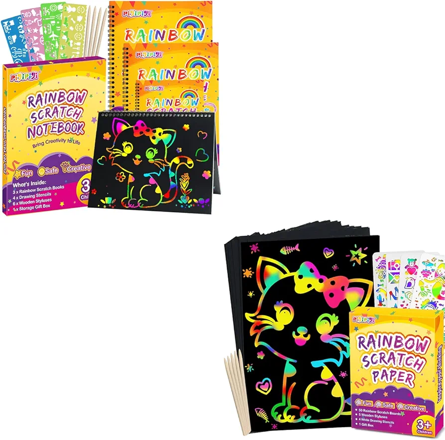 pigipigi Scratch Paper Art for Kids - Rainbow Magic Scratch Off Art Crafts Set Supply Drawing Note Kit for Girls Boys Toddler Party Favor Activity Game Birthday Christmas Easter Toy Gift