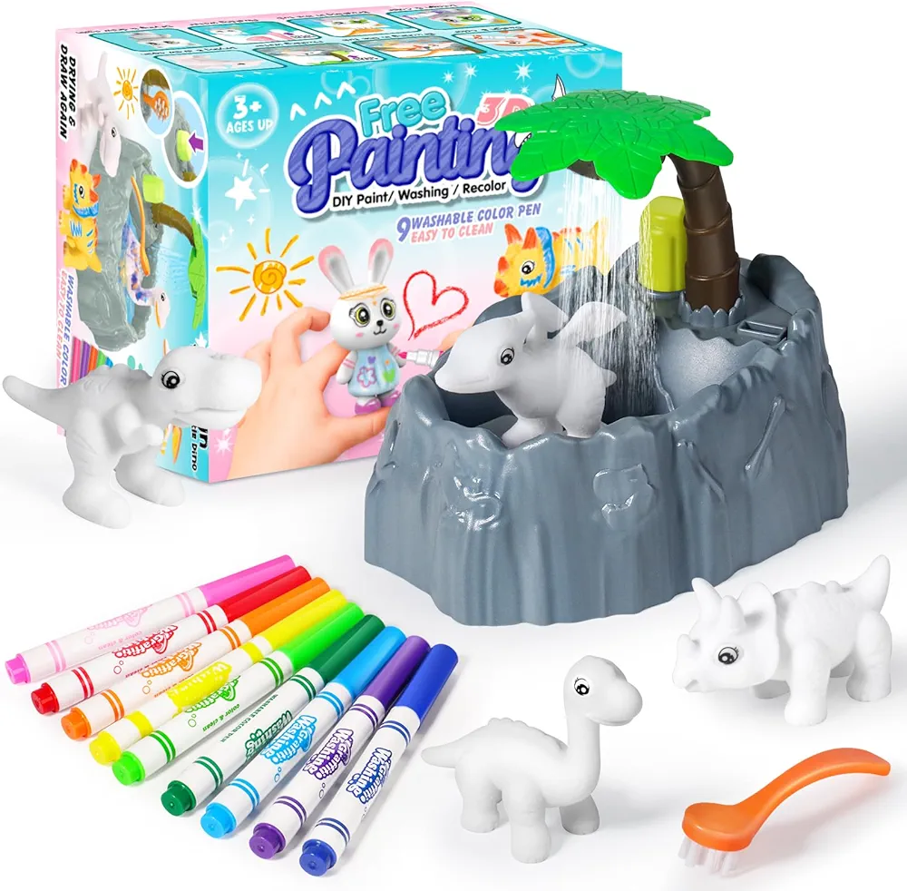 Trubic Dinosaur Kids Washable Paint Arts and Crafts Kits Toys Set, DIY Painting Craft with 4 Dino Figurines, 9 Washable Paint Markers, 1 Brush & 1 Tub, Birthday Gift for Girls Boys Ages 2 3 4 5 6
