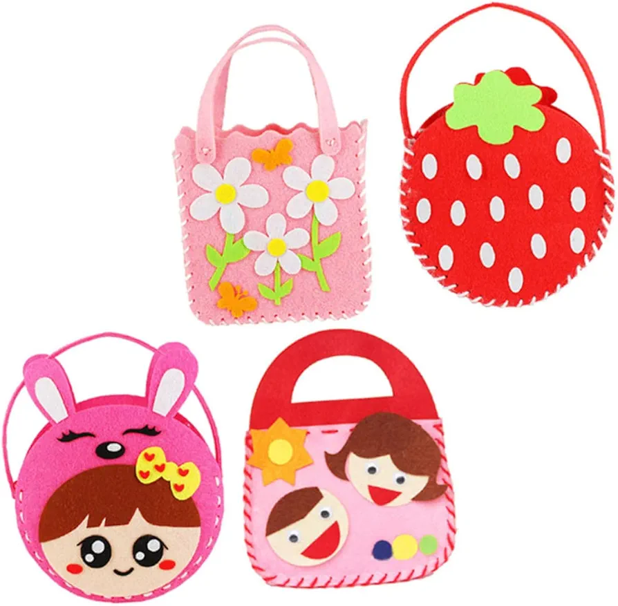 Anneome 4 Sets DIY Bag Crochet Kit Make Your Purse Handbag Making Material Wallet Purse Book Bag Tote DIY Felt Sewing Kit Crafts Art Supplies Toddler Pink Non-Woven Fabric Bags