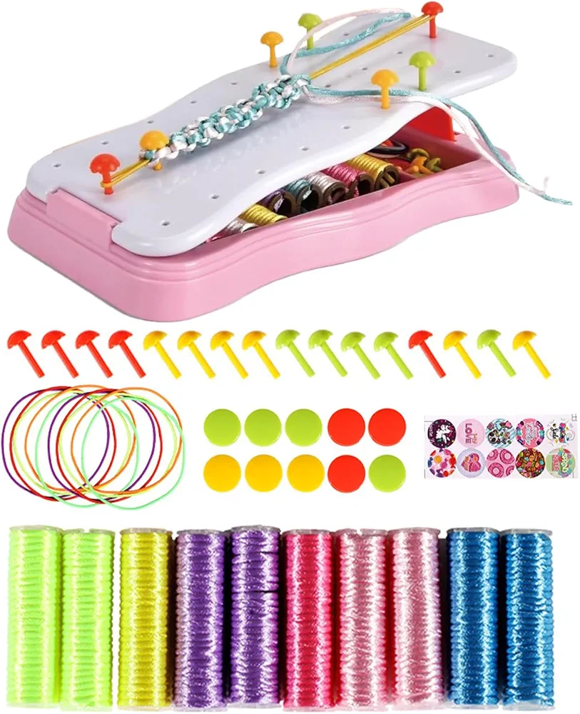 Hand Rope Braider Kit Friendship Bracelet Maker, Girls Braiding Craft Kit, Kids Braiding Activity Set Portable Bracelets Rope Weaver Kit for School and Trip Activity Maker Bracelets Making Toy, Pink