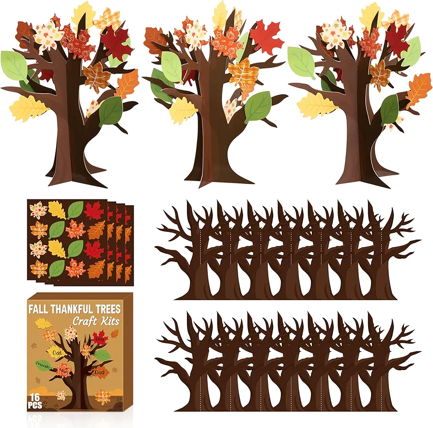 WATINC 16Pcs Fall Thankful Trees Craft Kits for Kids, Autumn Maple Oak Leaves Make Your Own DIY Thanksgiving Trees Decoration Thankful Craft Kit Supplies Home School Fun Activities for Kids
