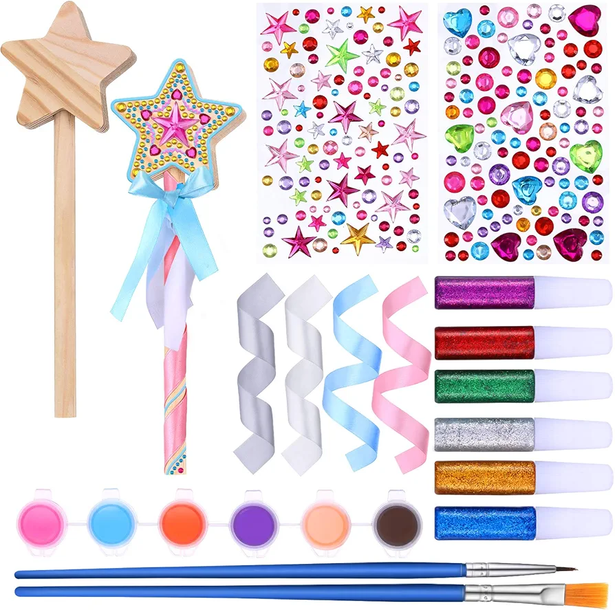 BBTO 24 Pieces Make Your Own Princess Wand Kit Include 2 Wooden Star Wands, 2 Dowels, 4 Satin Ribbons, 2 Gem Stickers, 6 Paints, 2 Paintbrushes, 6 Glitter Glues Pens Fairy Wand Art Craft Kit for Girl