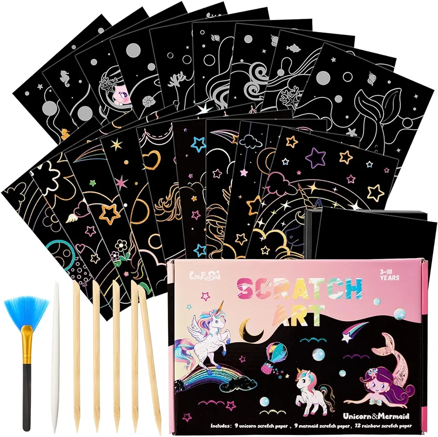 Scratch Art Kit for Kids - 30 Pcs Magic Scratch Off Paper for Girls Unicorn Mermaid Theme Art Supplies Colorful Drawing Art Craft with Wooden Stylus Kids Activities Party Christmas Birthday Gift