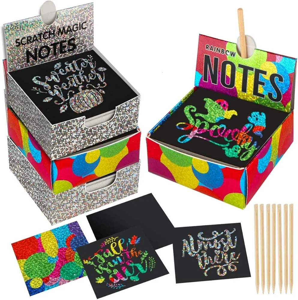 Mocoosy 400 Sheets Mini Holographic Scratch Art Notes for Kids, Glitter Rainbow Scratch Off Paper Arts Crafts Magic Scratch Note Cards Party Favor Supplies Christmas Birthday Gifts for Girls Boys