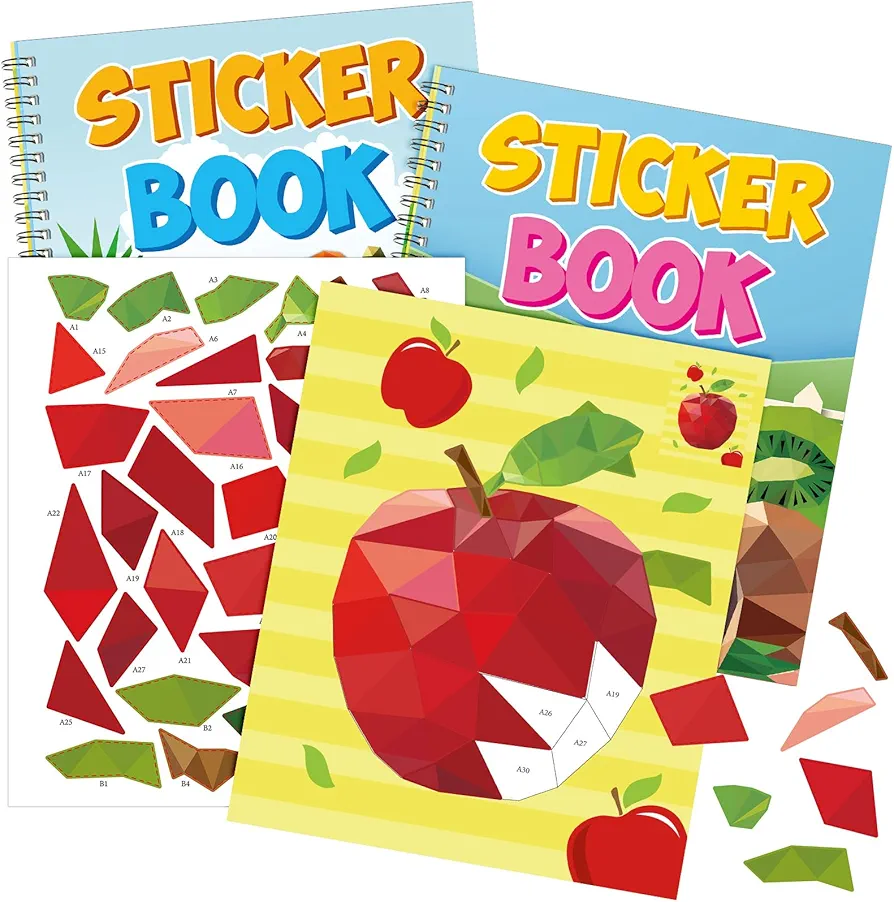 Pasimy 2 Pcs Sticker Crafts for Age 4-8 Kids Sticker by Number Sticker Paint Books Stickers Puzzle Books for Home School Classroom Party Gift Supplies, 20 Images to Sticker (Fruit, Vegetable)