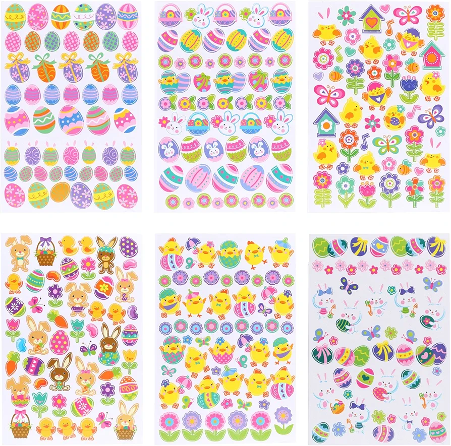 Naler Easter Stickers Sheet Assorted Easter Bunny Stickers for Easter Party Favor DIY Craft Art Making Decoration, 6-Pack, 300+pcs