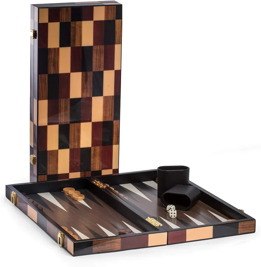 Luxury Designer 18" Deluxe Backgammon - Luxurious Art -Deco Design Custom Crafted Multicolor Wood Inlaid High- Lacquer Finished Wood Board Game Set with Wood Playing Pieces & Leather Dice Cups