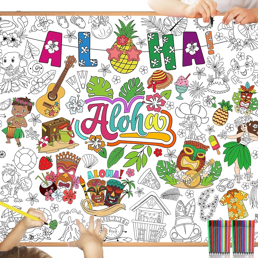 HOWAF Giant Hawaiian Tropical Luau Birthday Coloring Poster with 24 (12 Colors) Paint Pens, Paper Coloring Banner Aloha Hibiscus Design Indoor Arts and Crafts Activity for Summer Kids Party