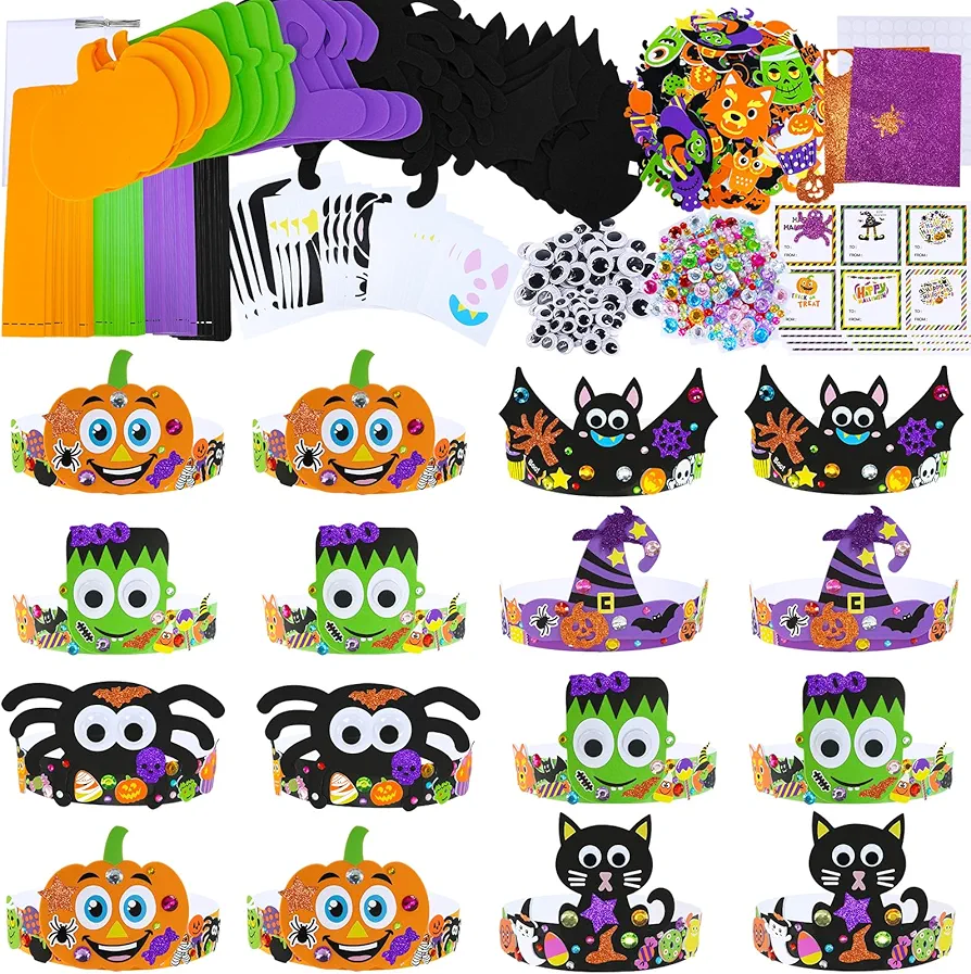 Winlyn 24 Sets Halloween Headbands Craft Kits DIY Crown Art Sets Spider Bat Jack-o'-Lantern Witch Hat with Halloween Foam Stickers Crafts for Kids Classroom Activities Halloween Party Trick-or-Treat