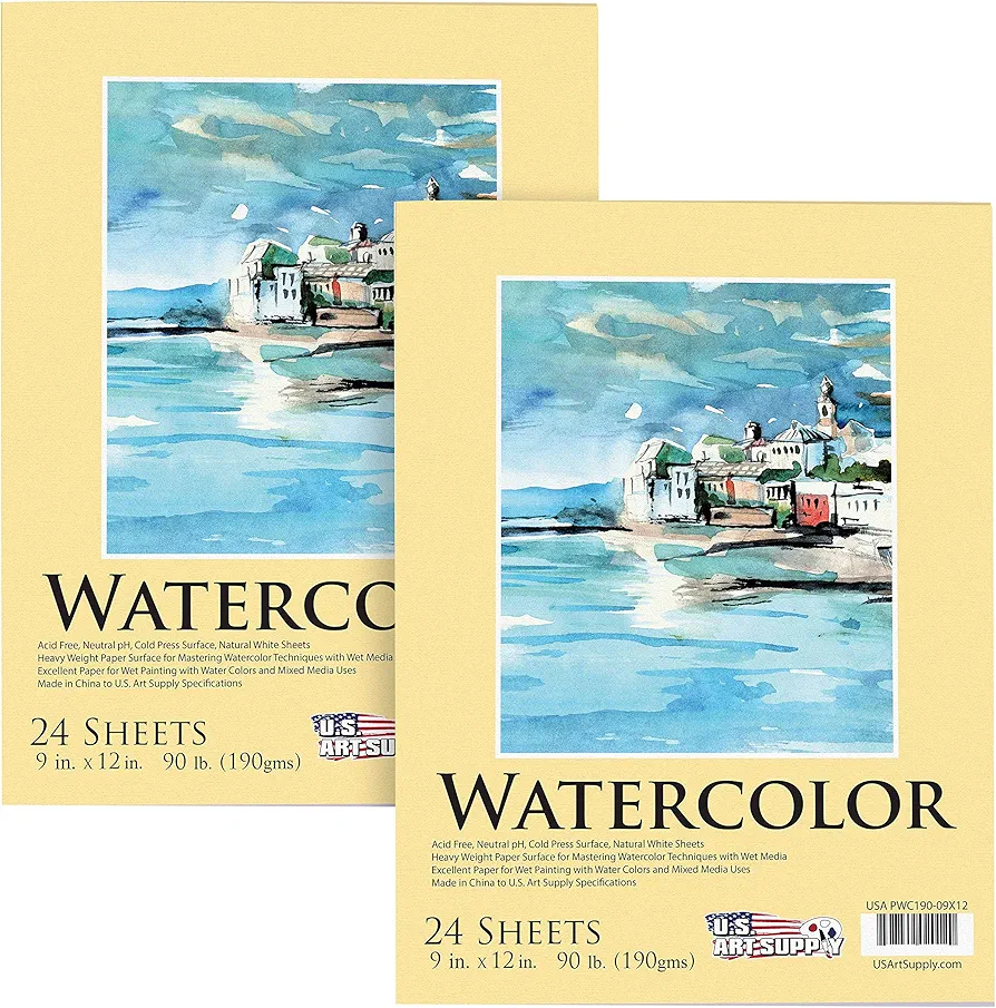 U.S. Art Supply 9" x 12" Premium Heavyweight Watercolor Painting Paper Pad, Pack of 2, 24 Sheets Each, 90 Pound (190gsm) - Cold Pressed, Acid-Free, Wet, Dry & Mixed Media - Artists, Students, Adults