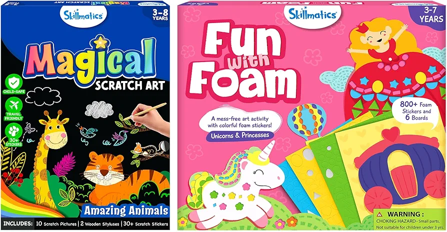 Skillmatics Magical Scratch Art Animals & Fun with Foam Unicorns & Princesses Bundle, DIY Activity & Stickers, Gifts for Toddlers, Girls & Boys Ages 3, 4, 5, 6, 7, 8