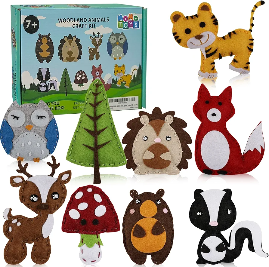 MOMOTOYS Sewing Kit for Kids, Fun & Educational Woodland Animals Sew Craft Set for Boys and Girls Ages 8-12, Complete Beginner Sewing Kit with Felt Plushie for Creative DIY Projects
