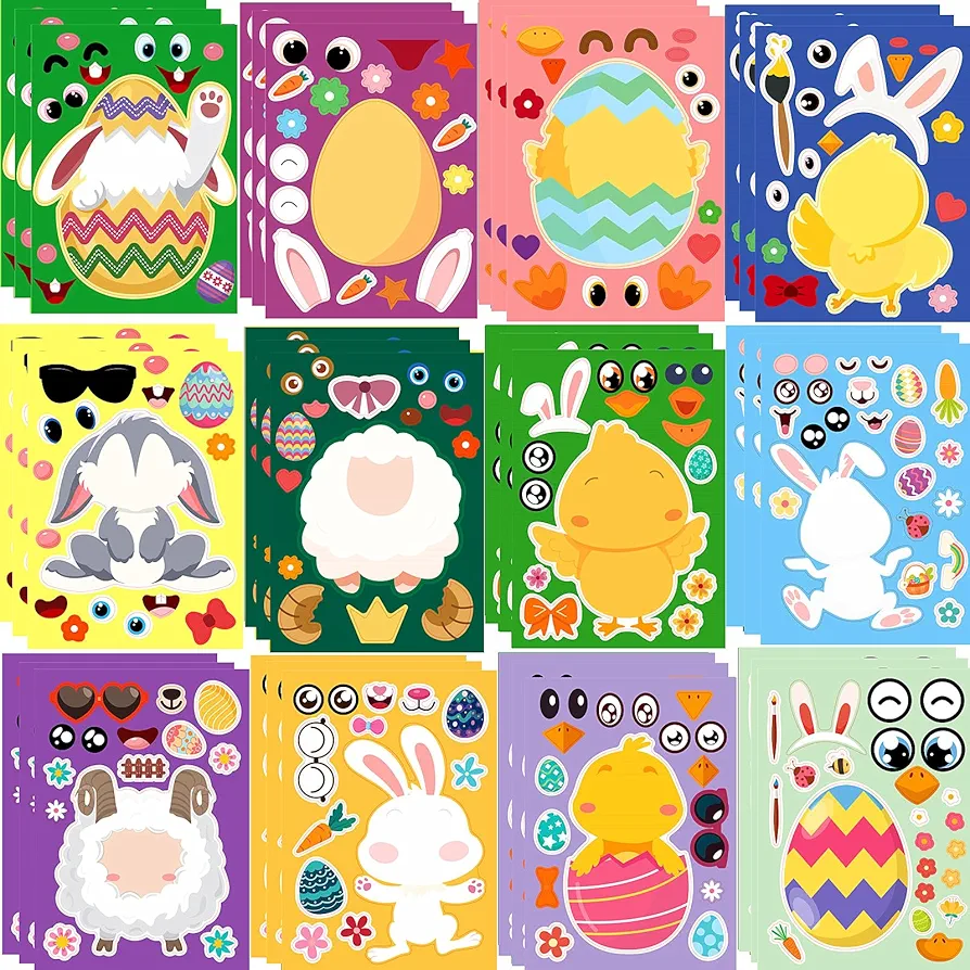 36 Sheets Easter Stickers, Make Your Own Easter Stickers, Easter Crafts Stickers for Easter Basket Stuffers Party Favor Supplies Gifts