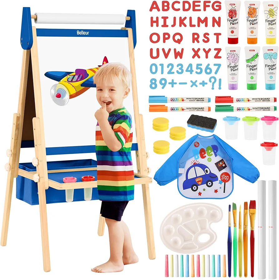 All-in-One Art Easel for Kids with 2 Paper Rolls & Deluxe Accessories, Adjustable Magnetic Double Sided Whiteboard & Chalkboard, Painting Kid Easel for Toddlers 2-8, Ideal