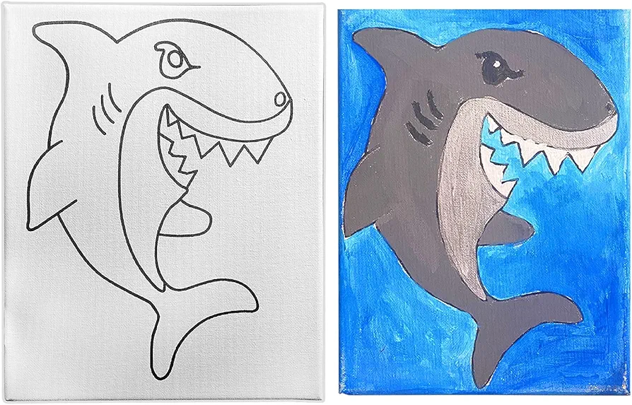 INDIGO ART STUDIO 8x10 Pre Drawn Stretched Canvas Painting for Kids | Custom Shark Theme | Birthday Gift Underwater Coloring | Paint Party Favor | DIY……