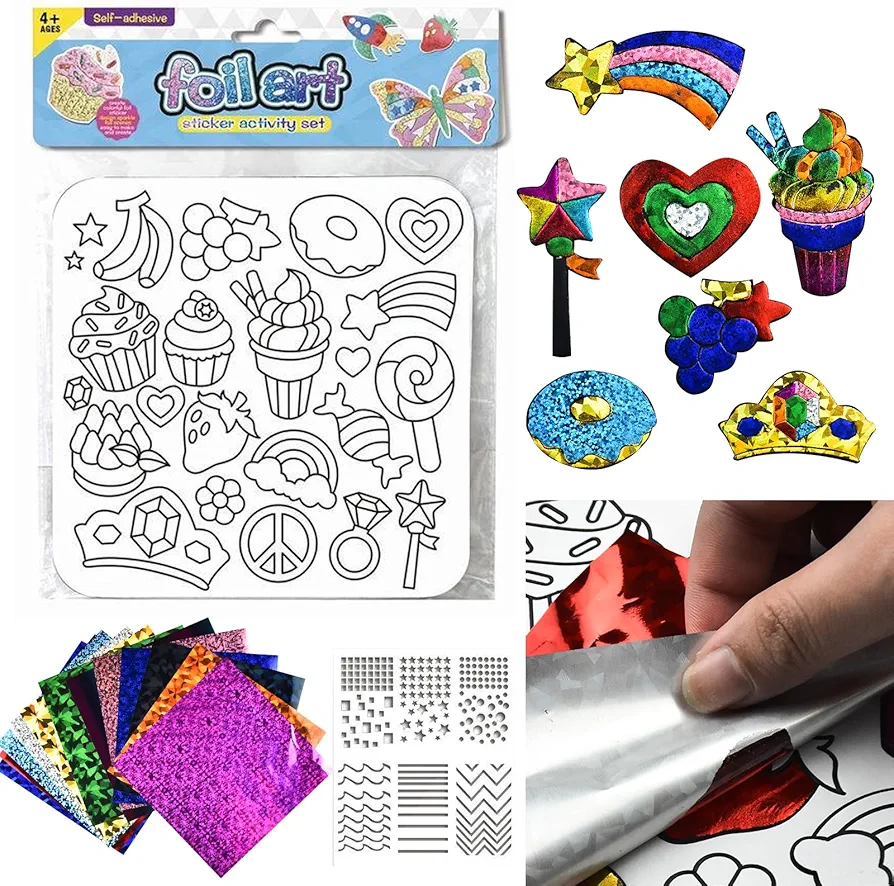 Fun Cute Ice Cream Cake Candy Crown Foil Sticker Craft Kit No Mess Creative Supply Set Foil Painting Sticker for DIY Crafts Album Bullet Junk Journal Planner Stickers