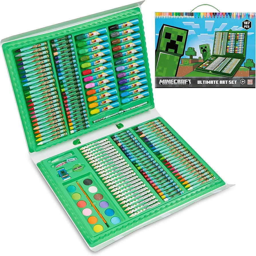 Minecraft Art Supplies for Kids Art Set for Boys Painting Creeper Crayons Paints Markers Oil Pastels Filled Art Case Colouring Sets for Children Travel Case