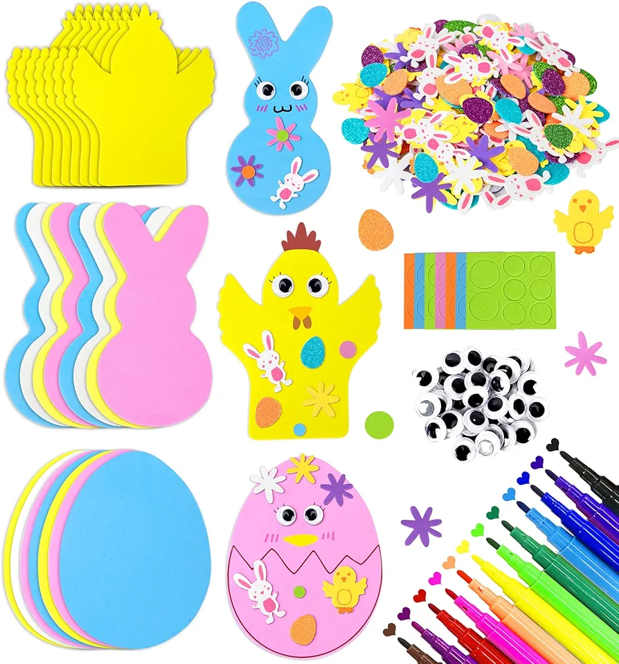 Easter Crafts for Kids, 254 Pcs Easter Foam Stickers for Kids Self Adhesive Set with Eggs Bunny Chick Shaped Stickers & Watercolor Pens for Easter Decorations Boys Girls Party Favor Supplies