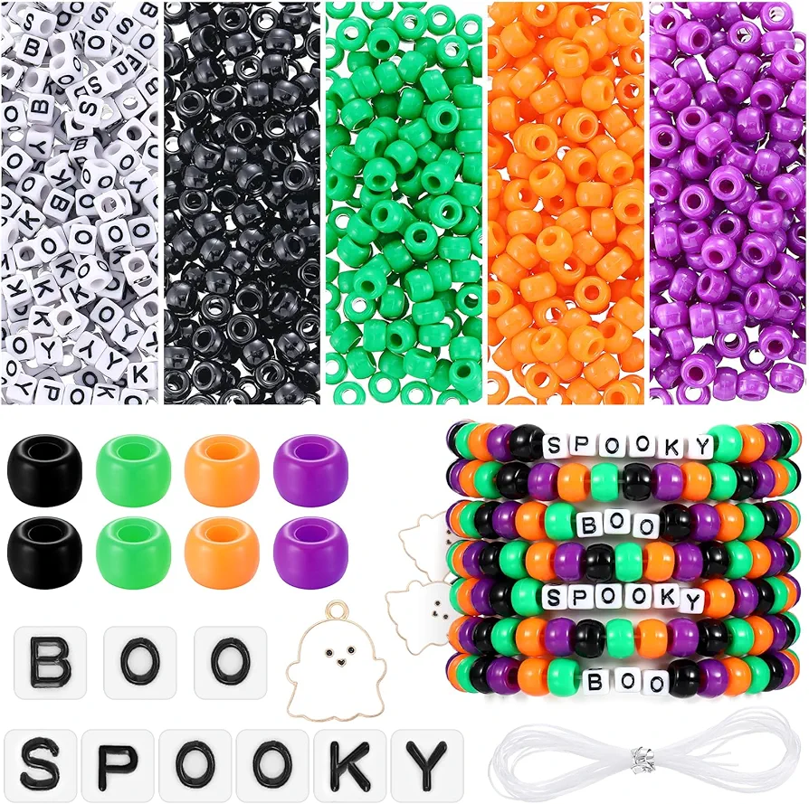 Misdary 30 Sets Halloween Wristband Making Kit Halloween Pony Beads Crafts with Ghost Sign Spooky Boo Letter Beads Halloween Jewelry DIY Arts and Crafts Halloween Gifts