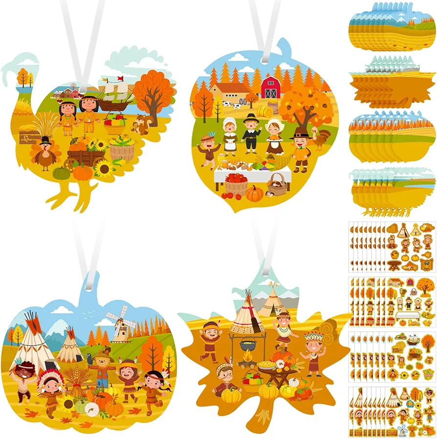 Civaner 32 Set Thanksgiving Craft for Kids Thanksgiving Sticker Scene Thanksgiving Party Supplies Turkey Pumpkin Acorns Maple Leaf Craft for Thanksgiving Native Americans Party Decorations Ornaments
