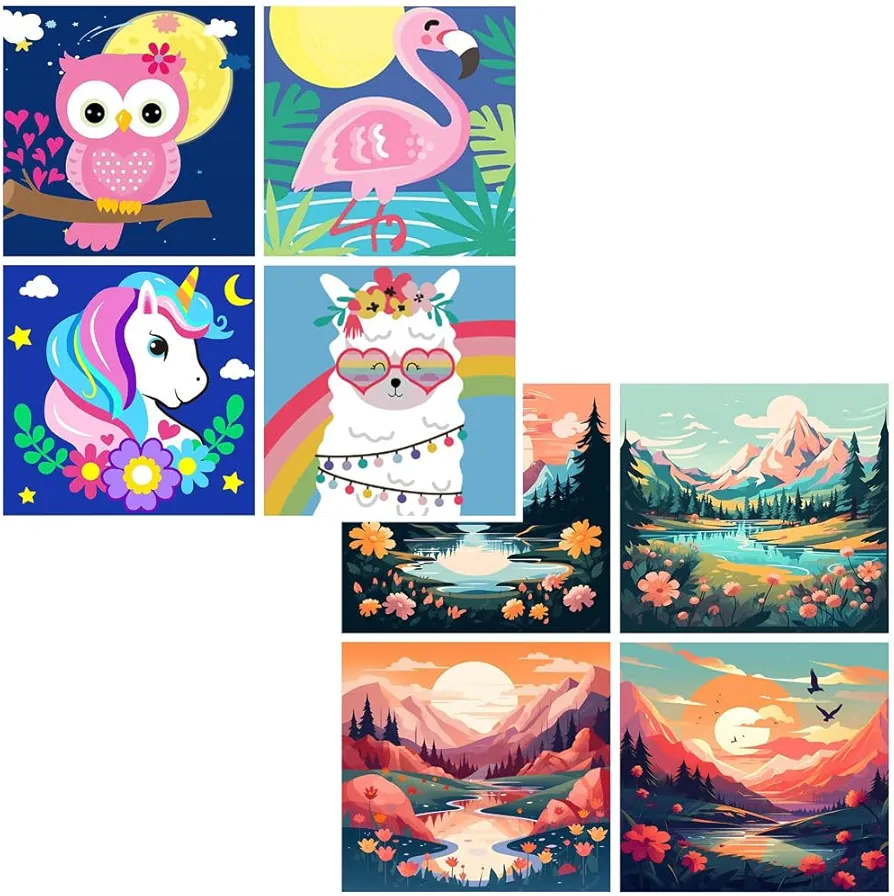 MXCFZX 4 Pack Paint by Numbers for Kids - Paint by Number for Kids Beginners Easy Acrylic Watercolor Paint Numbers Canvas Arts for Kids Ages 4-8, Oil Painting Paint by Number Kits for Decoration 8x8in