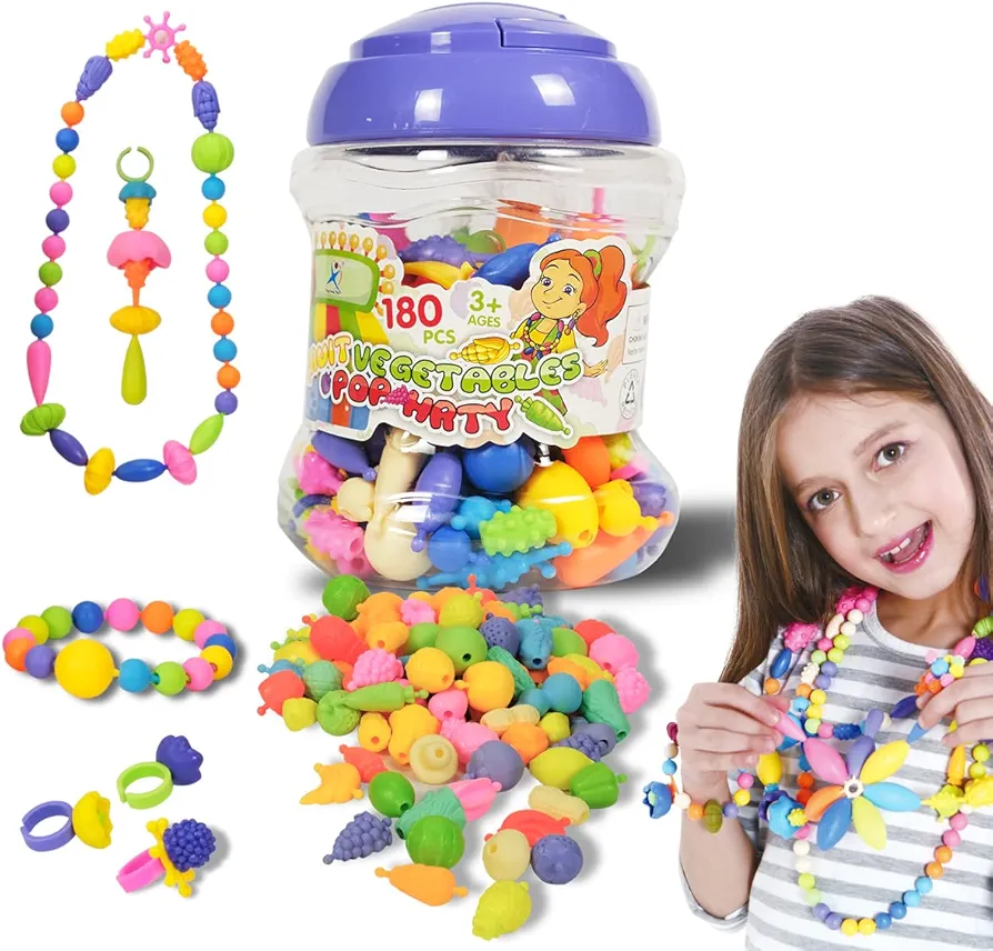 whatstem Pop Beads - Exclusive Fruit & Vegetable Jewelry Making Kit 180pcs for Girls 3-8 Years Old (Art and Craft Kids Toy for Party Game)