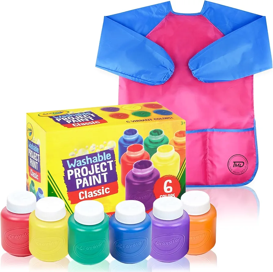 Washable Paint for Kids – 6 Count Kids Paint 2 oz with Toddler Art Smock – Tempera Paint for Kids, Non-Toxic, Washable Finger Paints for Toddlers – Kids Paint Set Supplies for Art, Craft