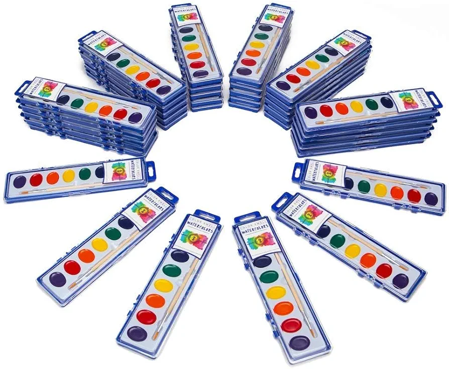 Color Swell Bulk Watercolors Paint Pack with Wood Brushes - 36 Sets with 8 Washable Colors Each - Perfect for Kids, Classrooms, Parties, Students, Donations, Party Favors, All Ages