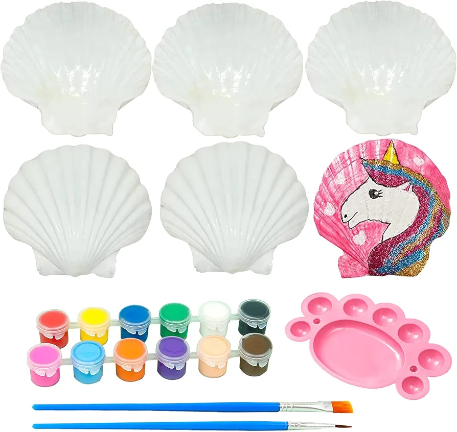 LUCKY BABY Seashells Painting Kit for Kids 16pcs, Arts and Crafts Kits for Girls Boys Age 6 7 8 9 10 11 12, Natural Sea Shells DIY Painting with Watercolor Paints and Brush 2.7-3.5 Inches