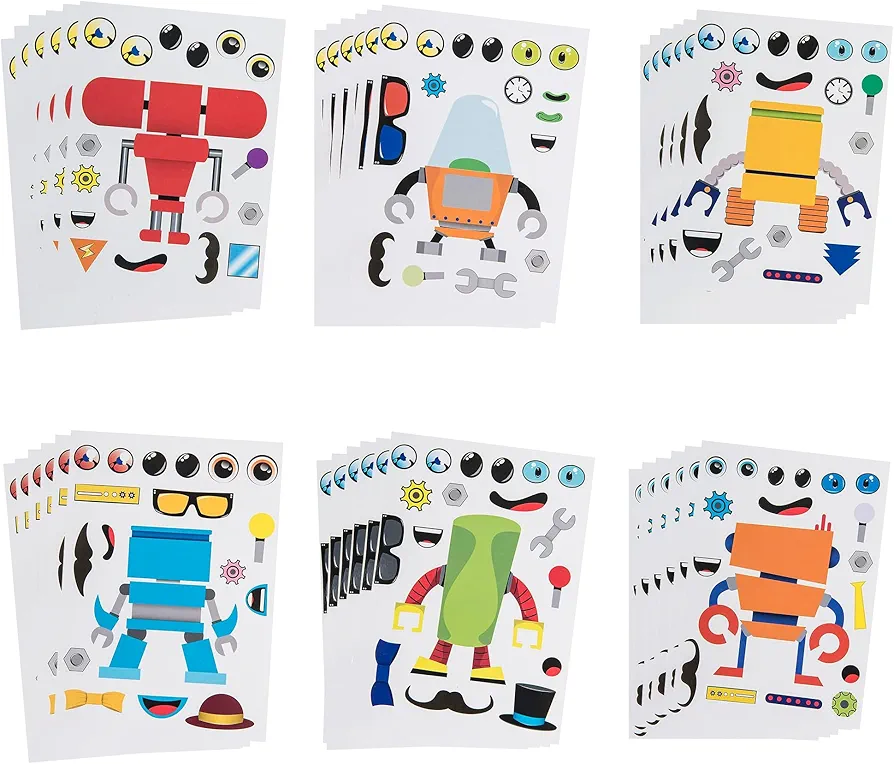 Robot 36 Make-a-Face Stickers for Kids, Forest & Twelfth DIY Sticker Sheets, 6 Unique Robot Sticker Designs, Creative Art Crafts Mix & Match Sticker Sheets, Party Favors and Reward Stickers for Kids