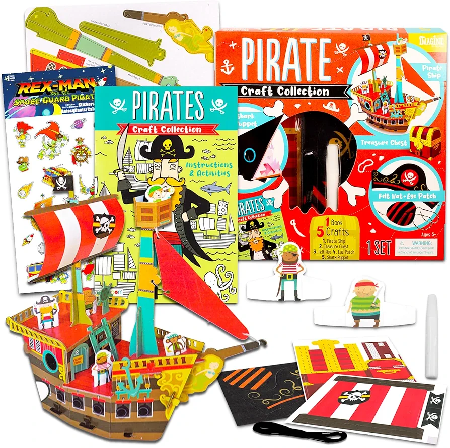 3D Puzzle Pirate Ship Kit for Beginners, Kids - Paper Craft Pirate Bundle with Pirate Ship Toy Art Gift Set including Treasure Chest, Eye Patch, Coloring and Activity Book, Stickers and More