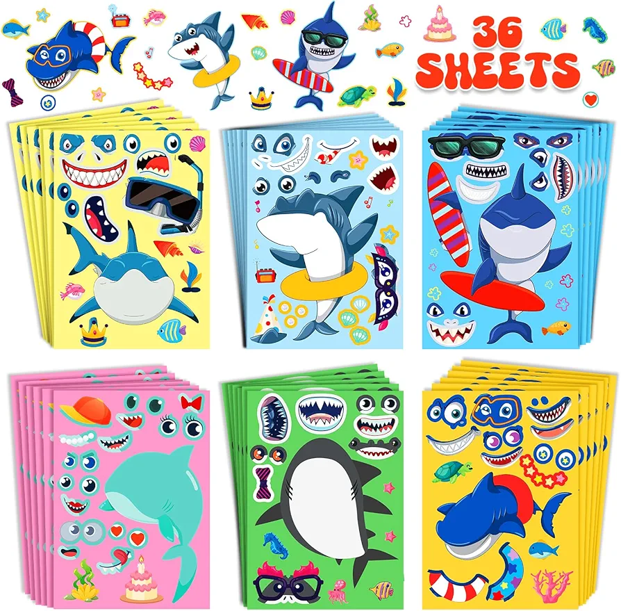 36 Pcs Make Your Own Shark Stickers Ocean Animals Arts and Crafts Kits for Kids Baby Shark Face Stickers with 6 Different Design DIY Craft Party Favors