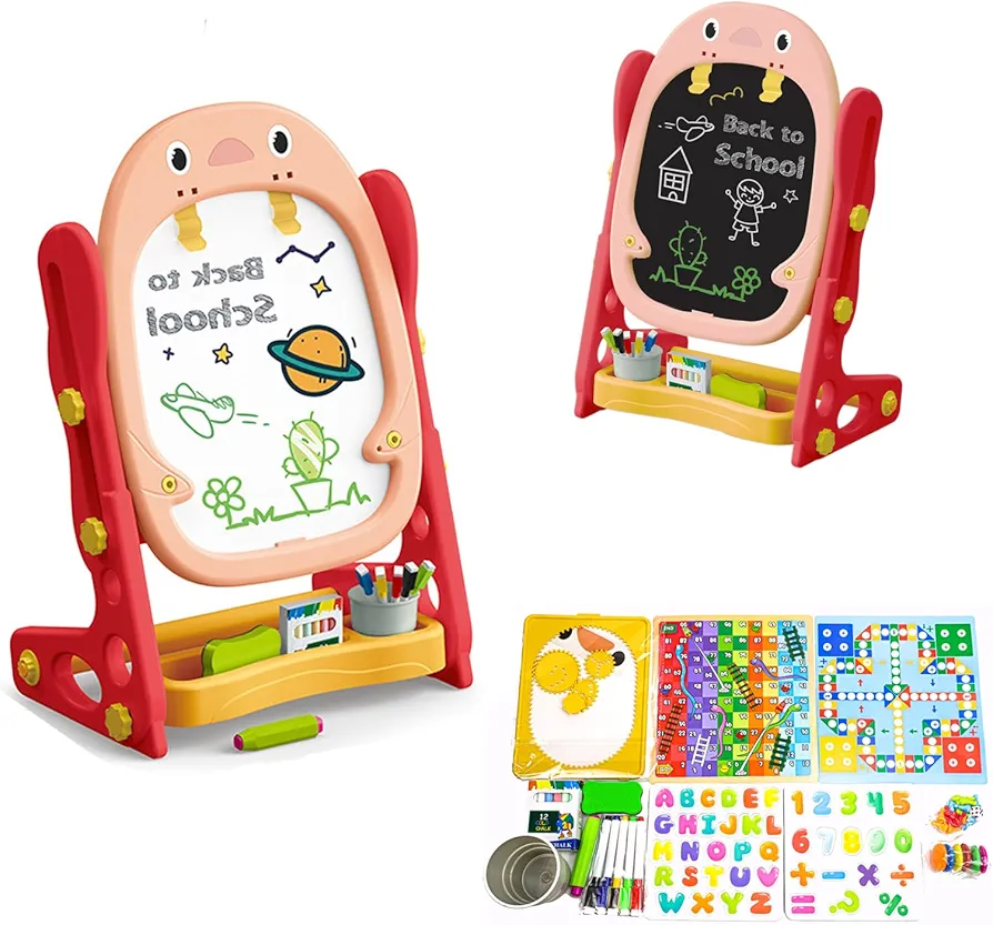 Art Easel for Kids, Adjustable Magnetic Board Easel for Toddler Standing Double Sided Drawing Set with Art Accessories Chalkboard & Whiteboard Drawing Tablet Birthday Gift for Boys and Girls, Pink