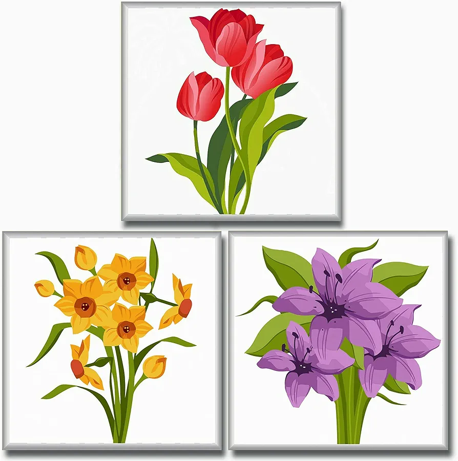 Hiolife 3 Pack Paint by Number kits for Kids, 8X 8 inch Framed,Colorful flowers Oil Painting Kits for Girls and Boys, Painting Sets for Childrens,Home Wall Decor