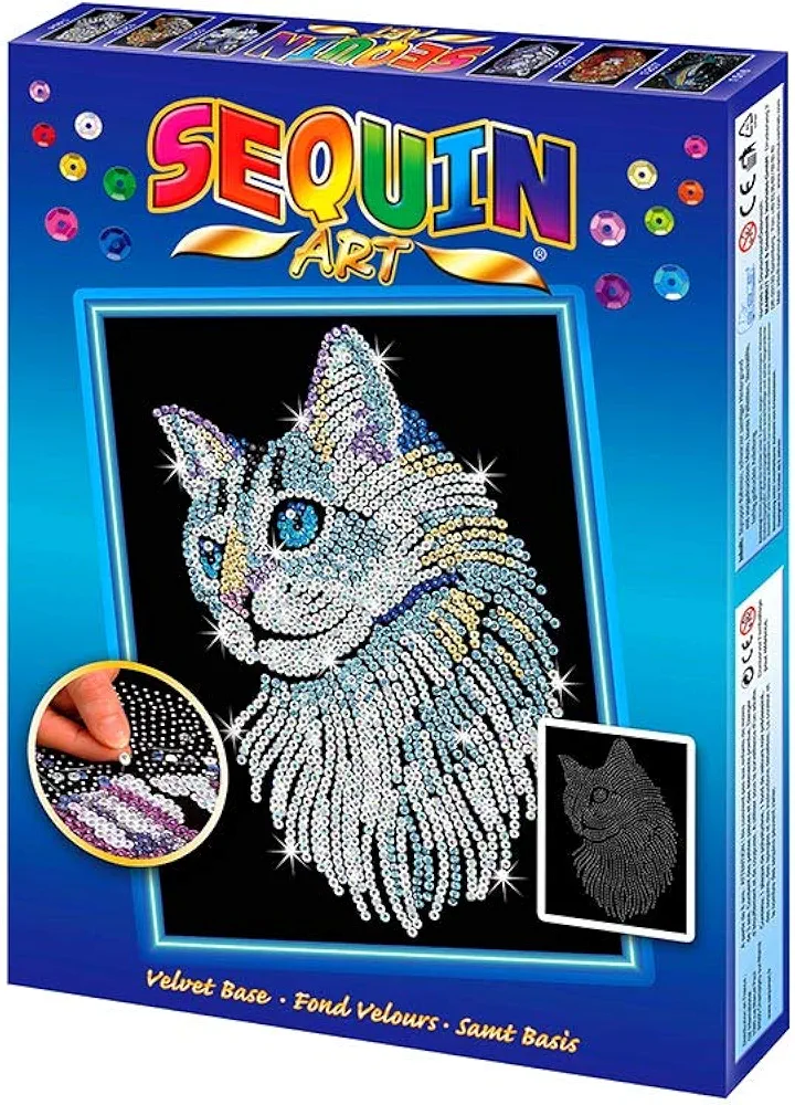 Sequin Art Blue White Cat - Sparkling Creative Arts & Crafts Pets Picture Kit for Kids & Adults on Velvet Backgroundfor ages 6 years to 99 years