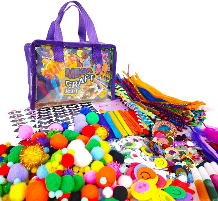 MOVEBO Handmade Mega Craft Kit for Kids Ages 4-8, Art and Craft Supplies with Googly Eyes, Ostrich Feathers,Pipe Cleaners- in Craft Bag Organizer