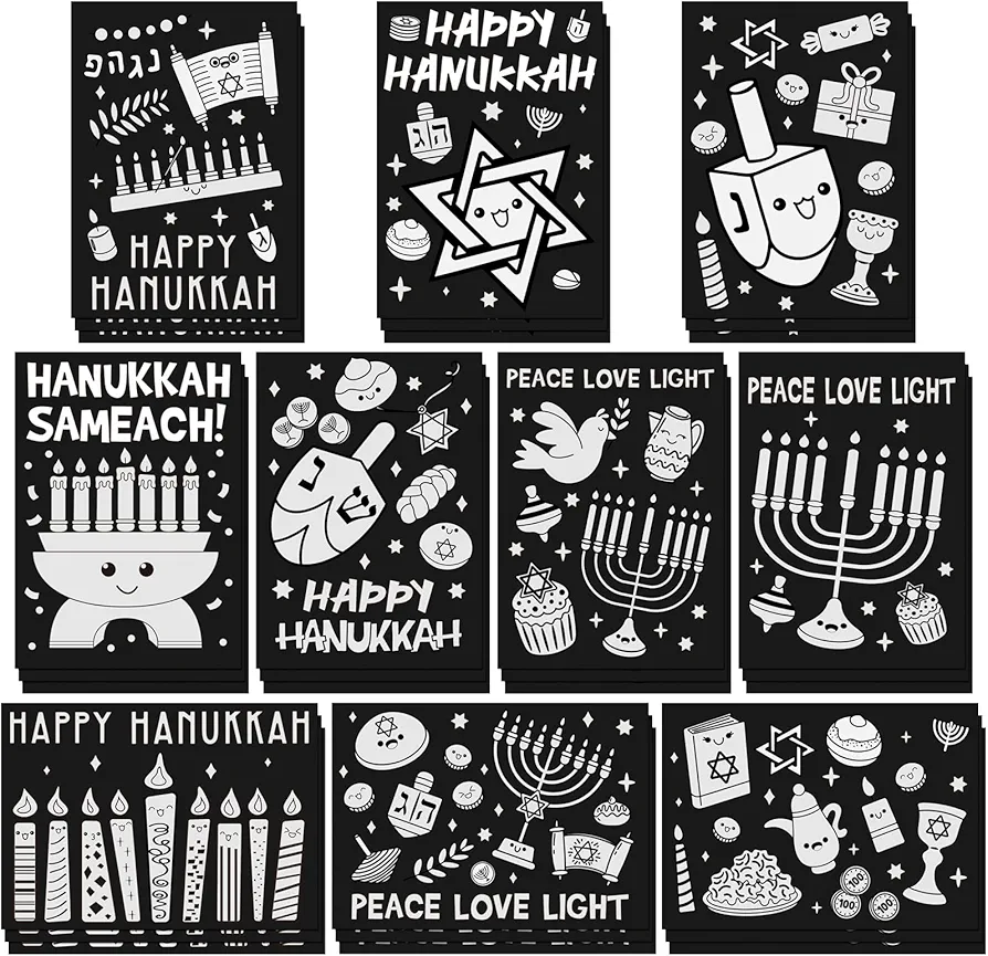 Zhanmai 30 Pcs Color Your Own Funny Hanukkah Posters DIY Happy Hanukkah Crafts Bulk Color Your Own Hanukkah Menorah Poster DIY Crafts for Chanukah Party Holiday Home School Activities