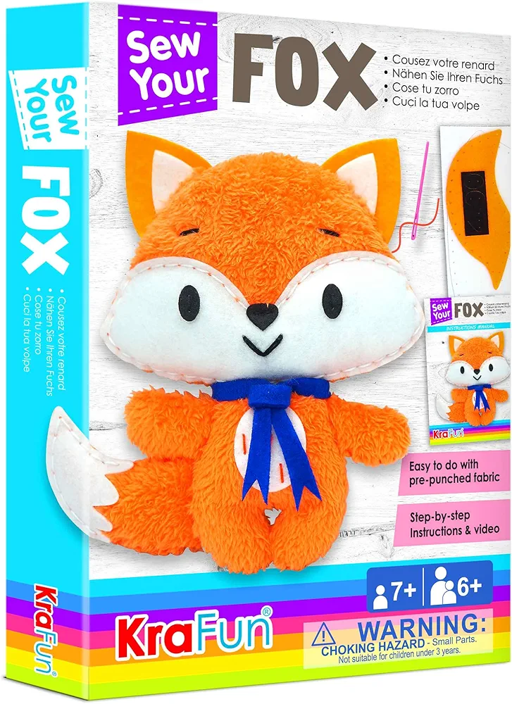 KRAFUN Fox Animal Sewing Kit for Kids Beginner My First Art & Craft, Includes Fox Doll Stuffed Animal, Instructions & Plush Felt Materials for Learn to Sew, Embroidery, Age 7 8 9 10 11 12