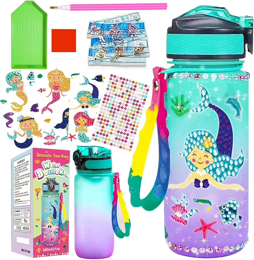 Meijoy Decorate Your Own Water Bottle for Girls Age 6-8, Reusable School Water Bottles, DIY Art & Crafts Birthday Gifts for Girls Ages 4 5 6 7 8 9 10 Years Old
