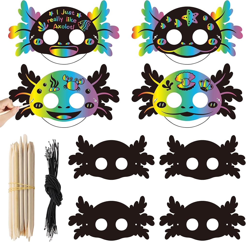 Axolotl Scratch Mask Gift Set - 30Pcs DIY Scratch Axolotl Masks Paper Art Craft Kit, Color Paper Parties Favors for kids Girls Boys Birthday School Classroom Art Activity Project, Pink