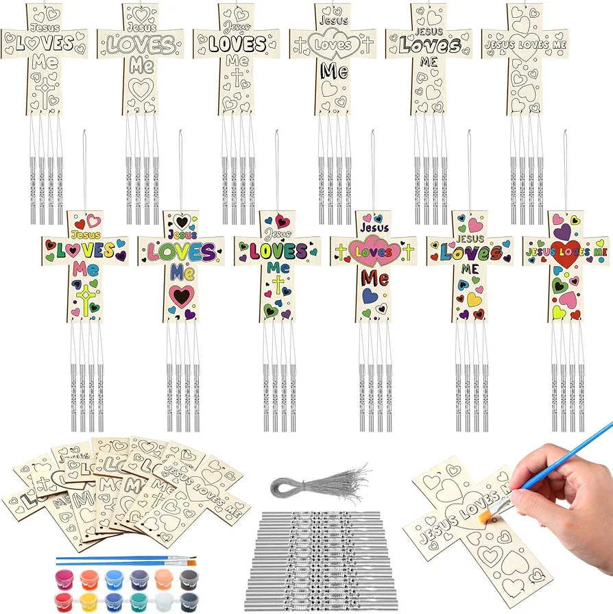 24 Sets Christian Craft for Kids Cross Sunday School Wind Chimes Craft Make Your Own Jesus Loves Me DIY Religious Wind Chimes Coloring Wooden Craft for Kids Gifts Sunday School Home Party Supplies