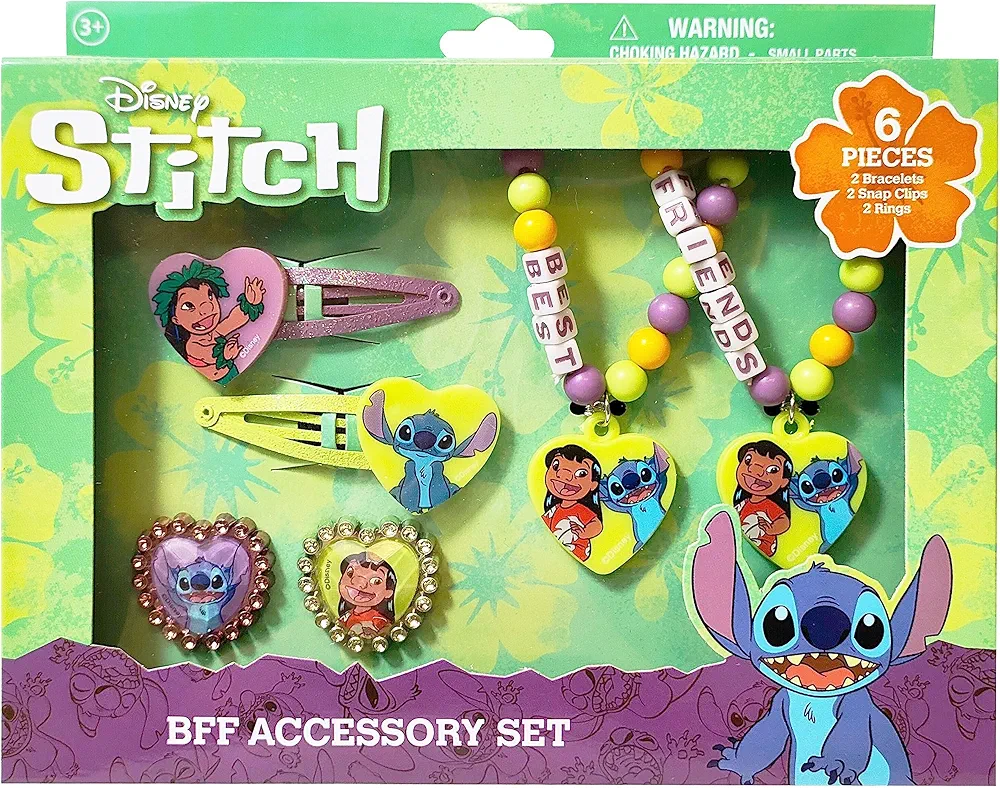 LUV HER Disney Stitch Girls BFF 6 Piece Toy Jewelry Box Set with 2 Rings, 2 Bead Bracelets and Snap Hair Clips Ages 3+