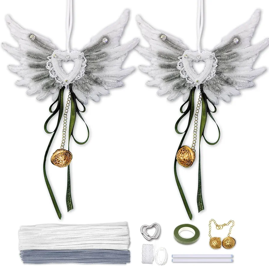 DIY Craft Pipe Cleaners Kit – 2 Pack Angel Wings, 130 Pcs White & Grey Chenille Stems with Golden Bell and Green Ribbon for Art Crafts and Decorations,Wind Chime Pendant